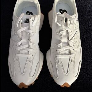 New Balance 327 White Leather and Tan Sneakers